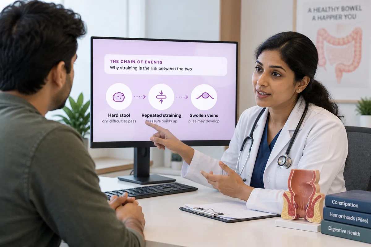 A Lux proctologist explaining to a patient how hard stool and repeated straining can lead to swollen veins